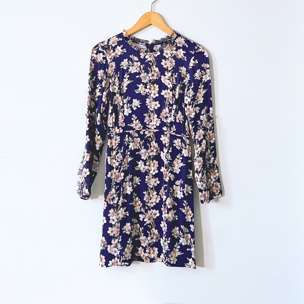 Club Monaco Kaveh Floral Mini Dress Purple Pink Sheen Long Sleeve Ruffle Viscose